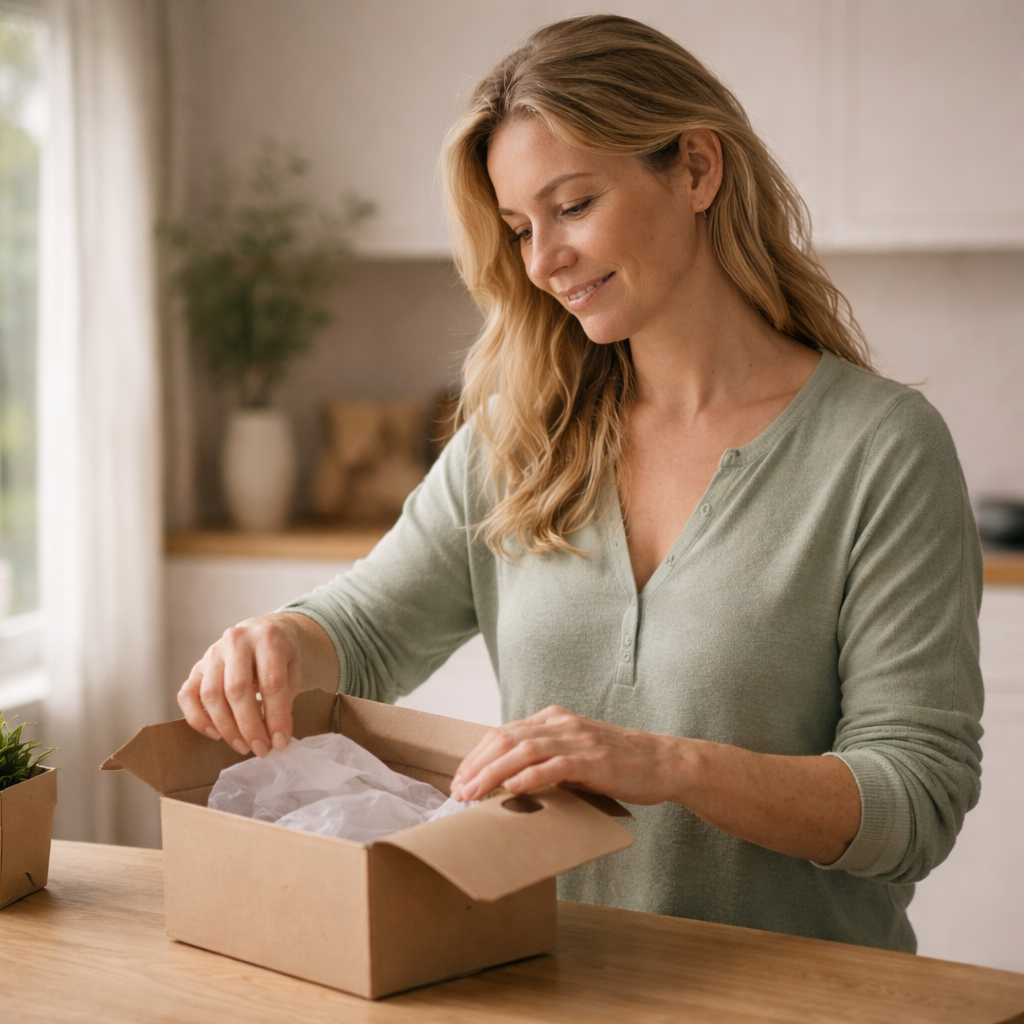 Een vrouw die de bestelling van NOVYRE uitpakt nadat zij deze heeft omgeruild. Ze is tevreden met de goede service